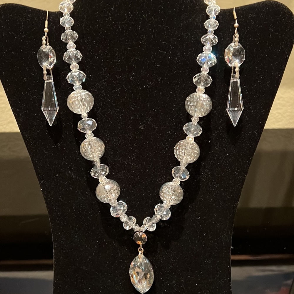 Vintage Crystal Beveled Bead Necklace with Earrings